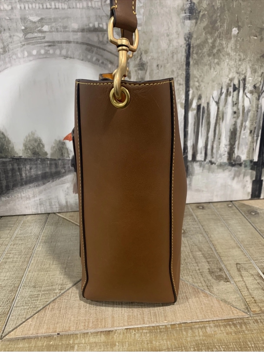 Leather Bucket Shoulder Bag in Brown with Gold Accent - Picture 6 of 16